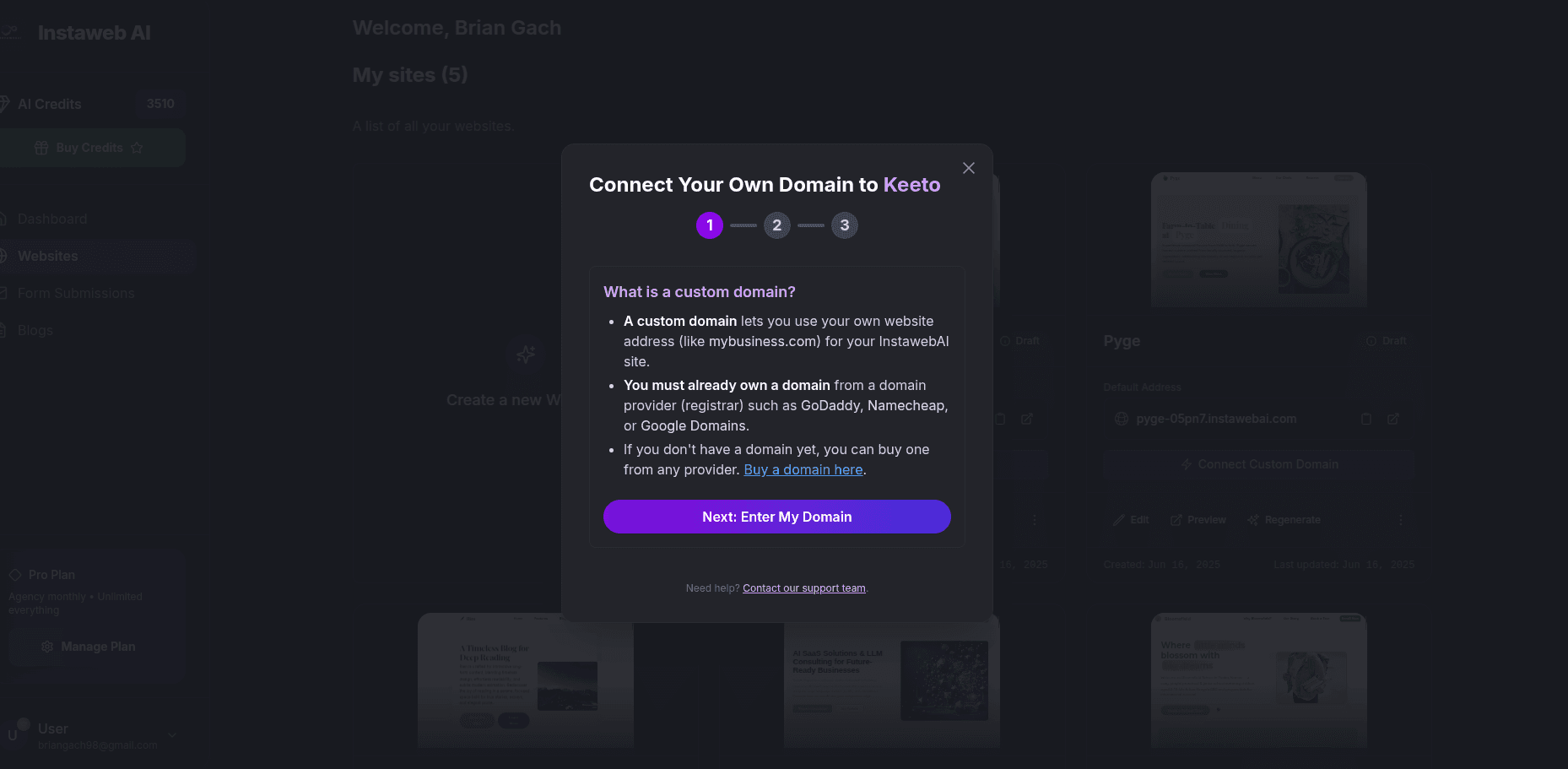 Domain and hosting management interface