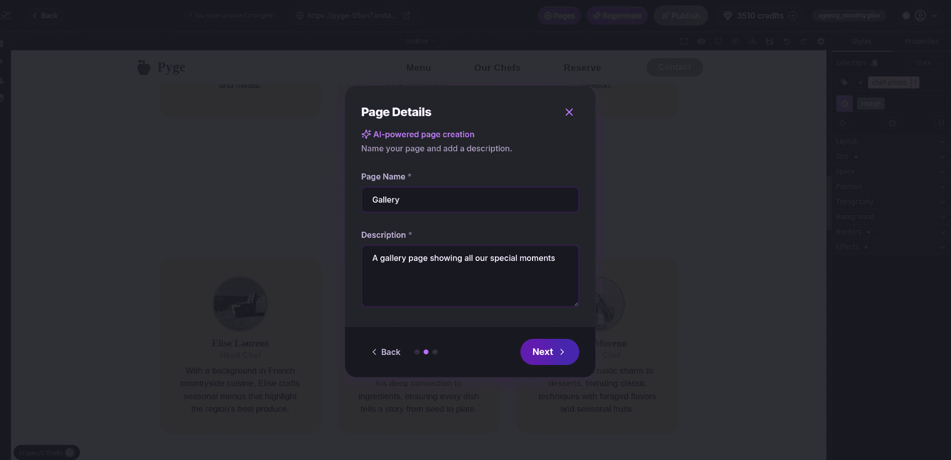 AI Page Builder creating new pages